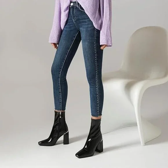 Womens Square Toe Ankle Booties Chunky Heel Boots Side Zipper Patent Leather - Picture 3 of 5